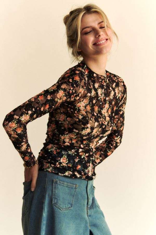 Rose Floral Mesh Long Sleeve Top