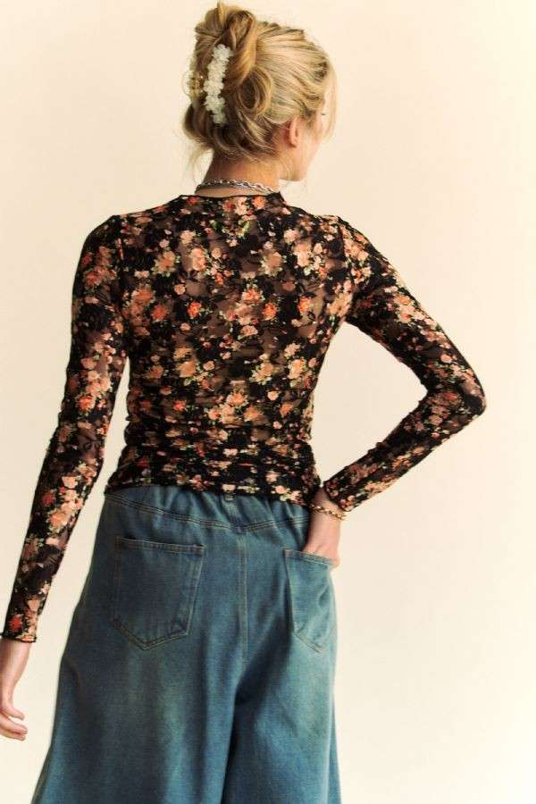 Rose Floral Mesh Long Sleeve Top