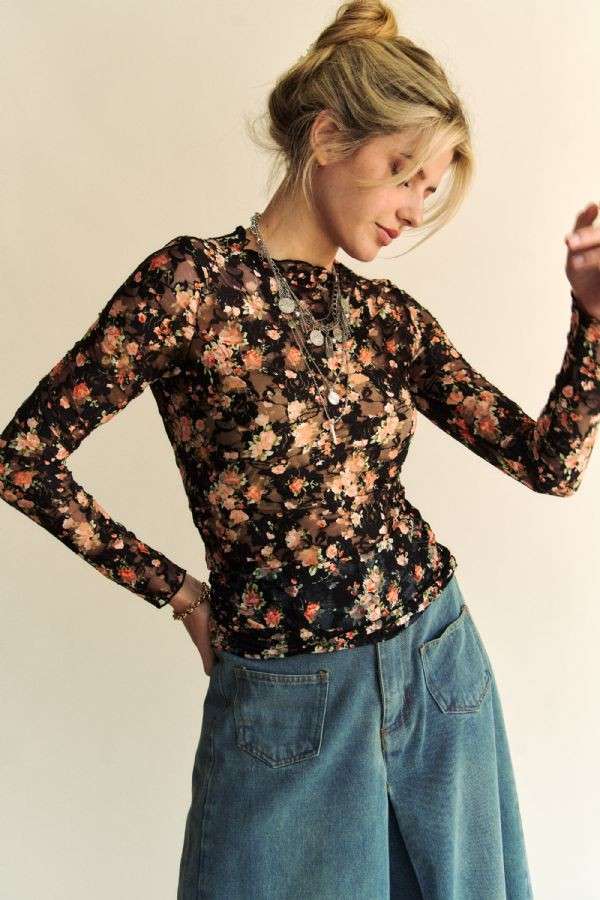 Rose Floral Mesh Long Sleeve Top