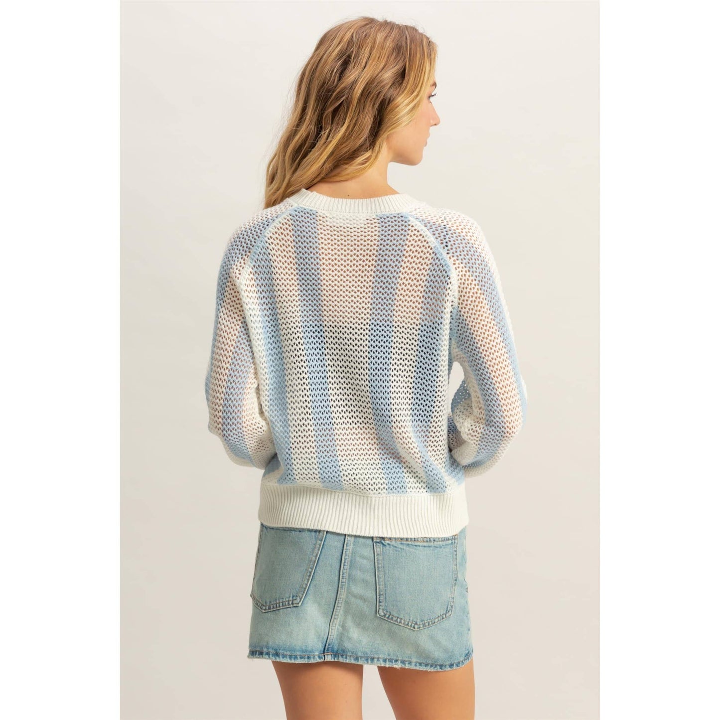 Striped Front Pocket Open Knit Sweater