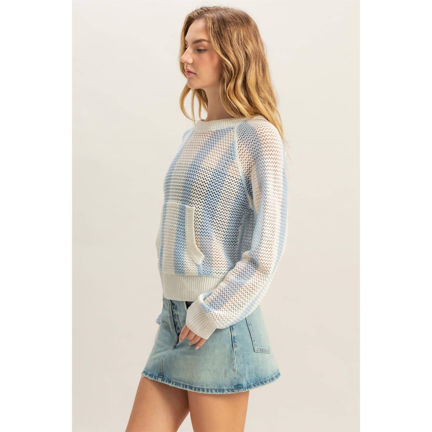 Striped Front Pocket Open Knit Sweater