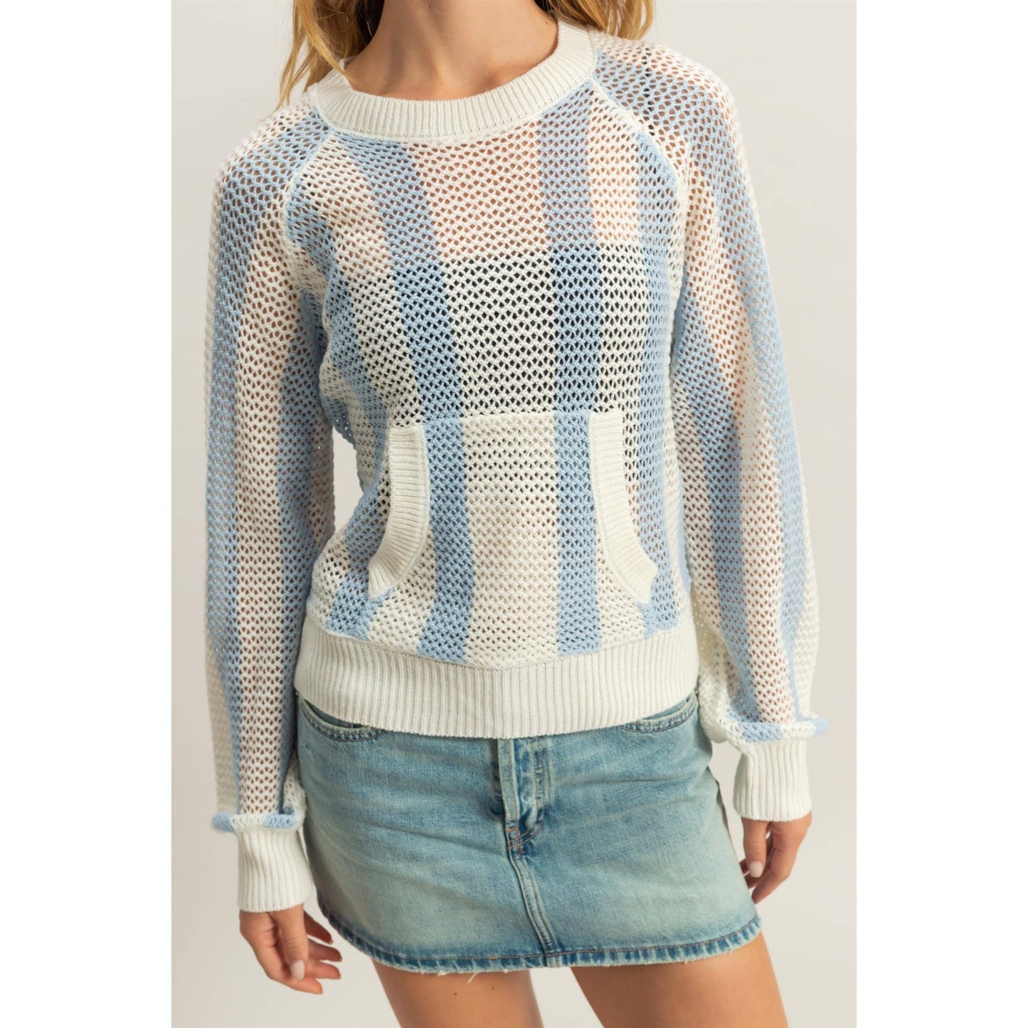 Striped Front Pocket Open Knit Sweater