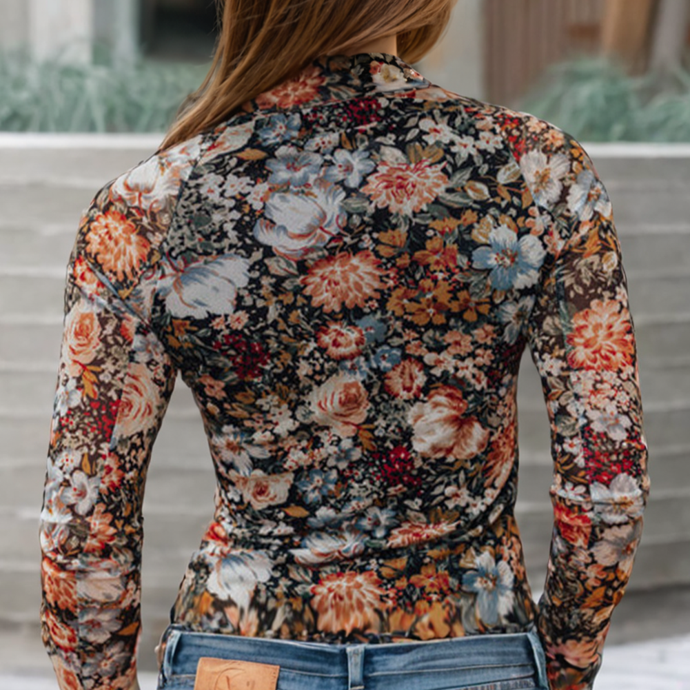 Sheer Floral Long Sleeve Mockneck Top