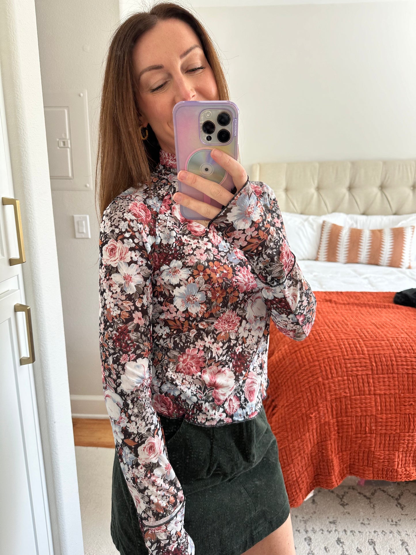 Sheer Floral Long Sleeve Mockneck Top