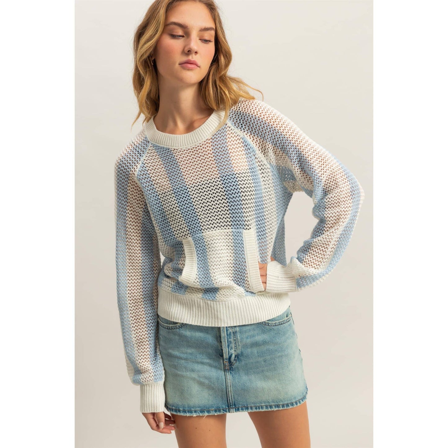 Striped Front Pocket Open Knit Sweater