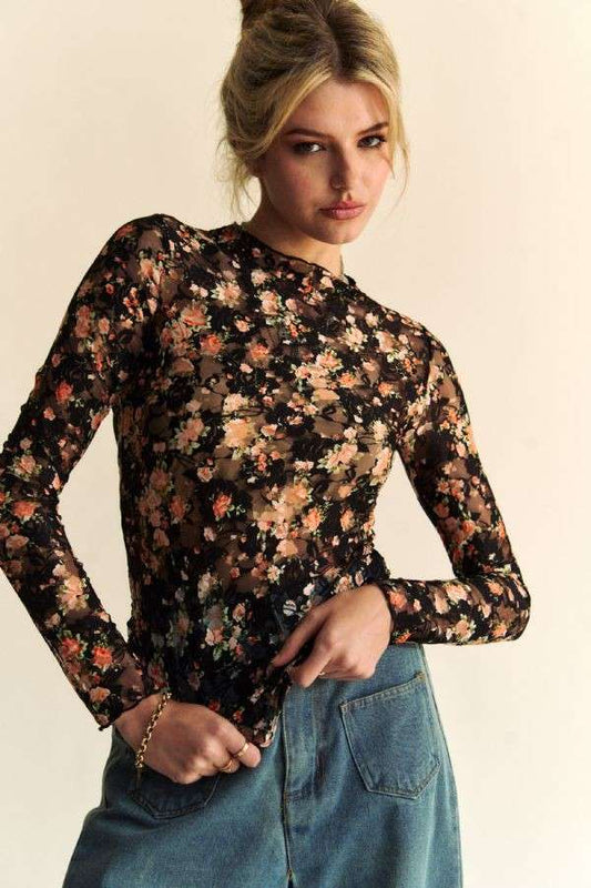 Rose Floral Mesh Long Sleeve Top