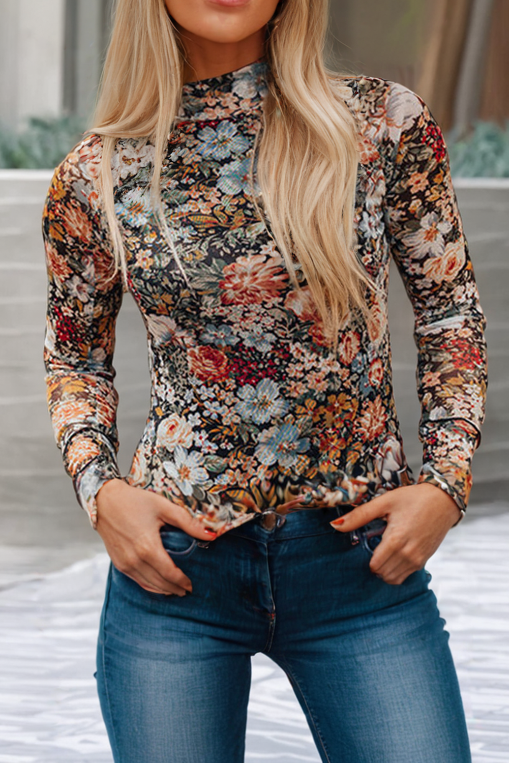 Sheer Floral Long Sleeve Mockneck Top